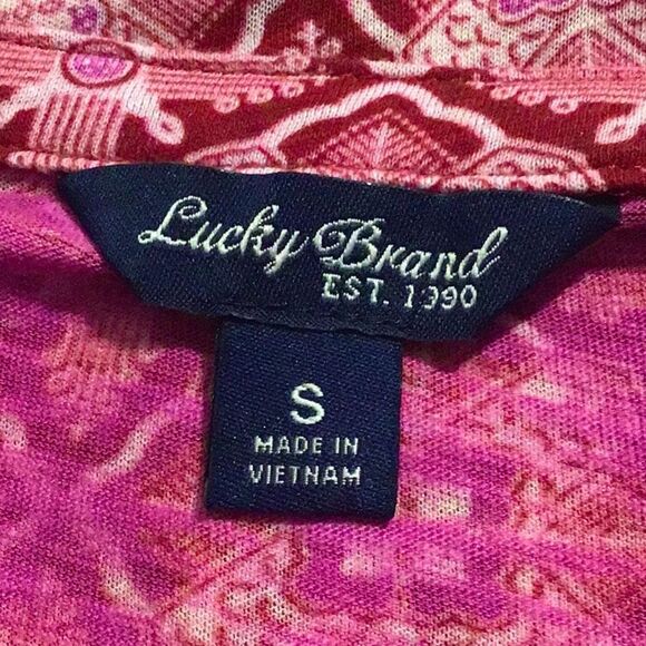 Lucky Brand Pink Red Boho Bandana Print Jersey Knit V Neck Pullover Festival Top - Picture 15 of 15